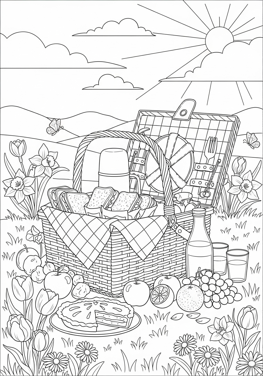 Desenho de Primavera com cesta de piquenique para colorir