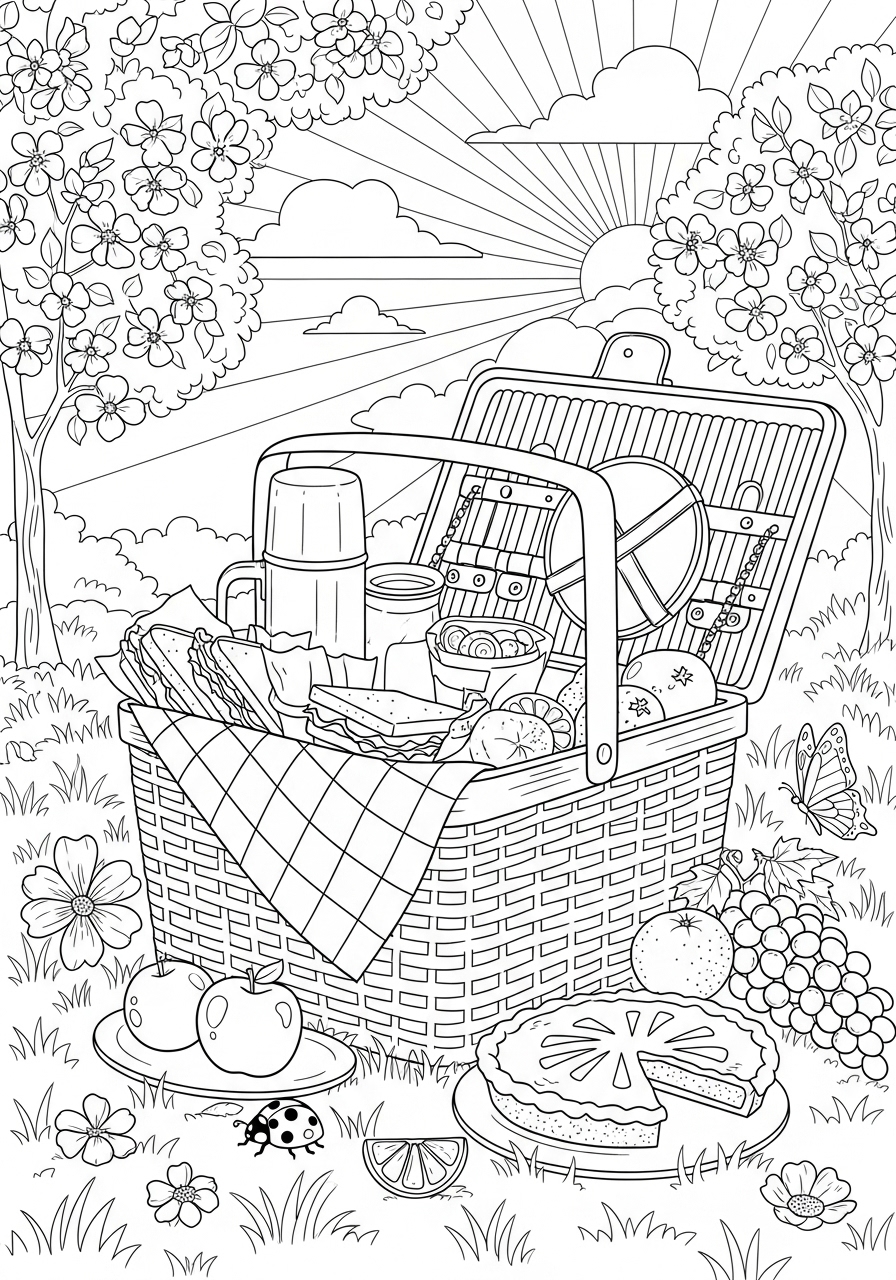 Desenho de Primavera com cesta de piquenique para colorir