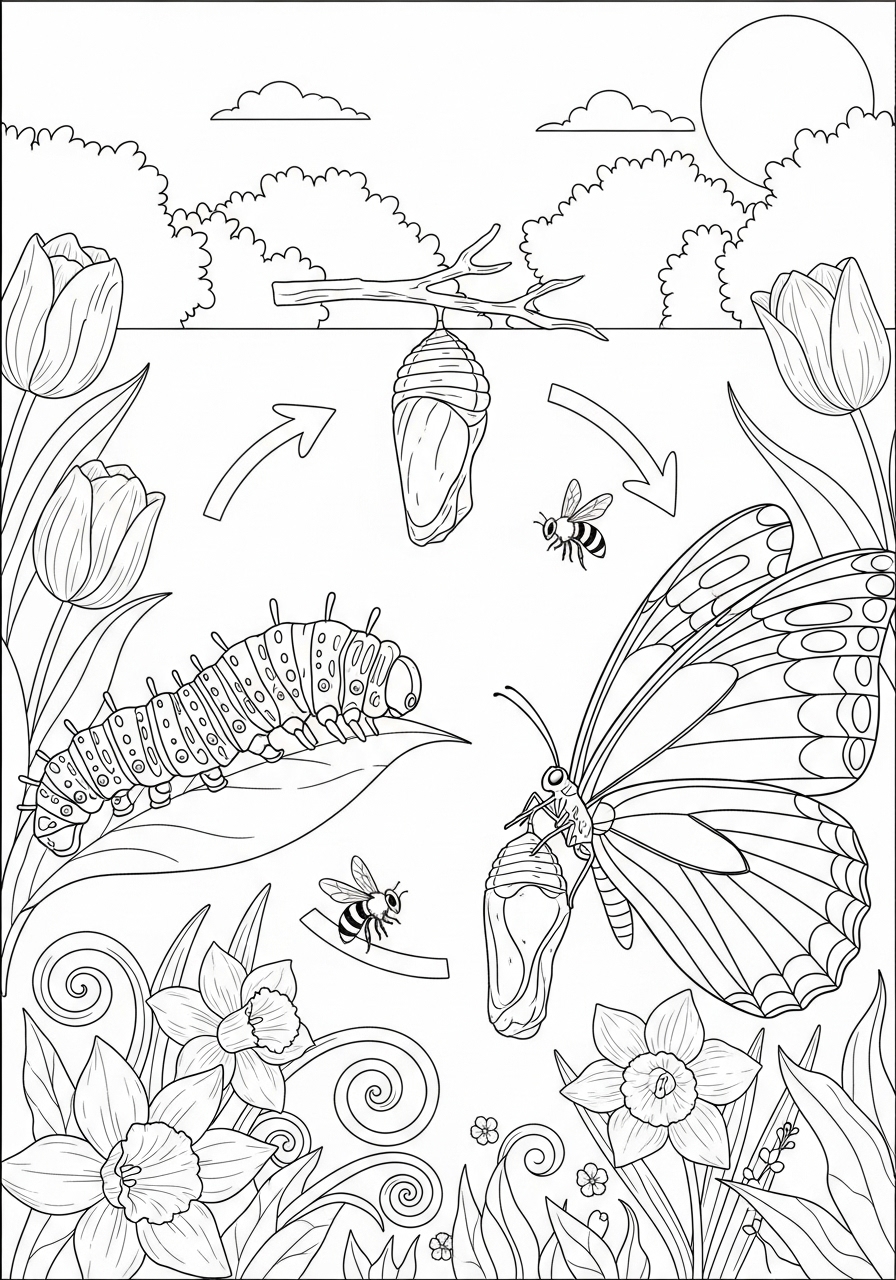 Desenho de Primavera com ciclo da borboleta e flores para colorir