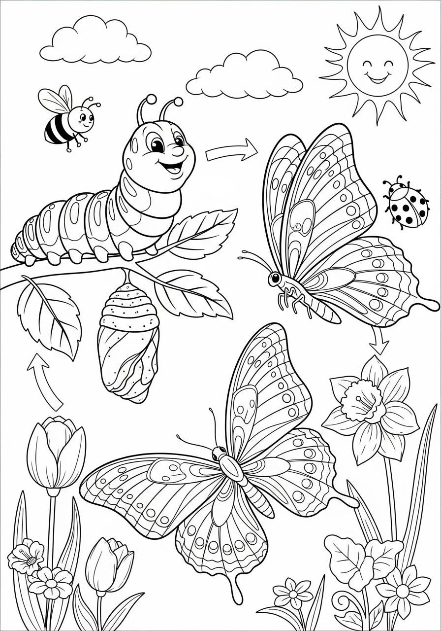 Desenho de Primavera com lagarta borboleta e flores