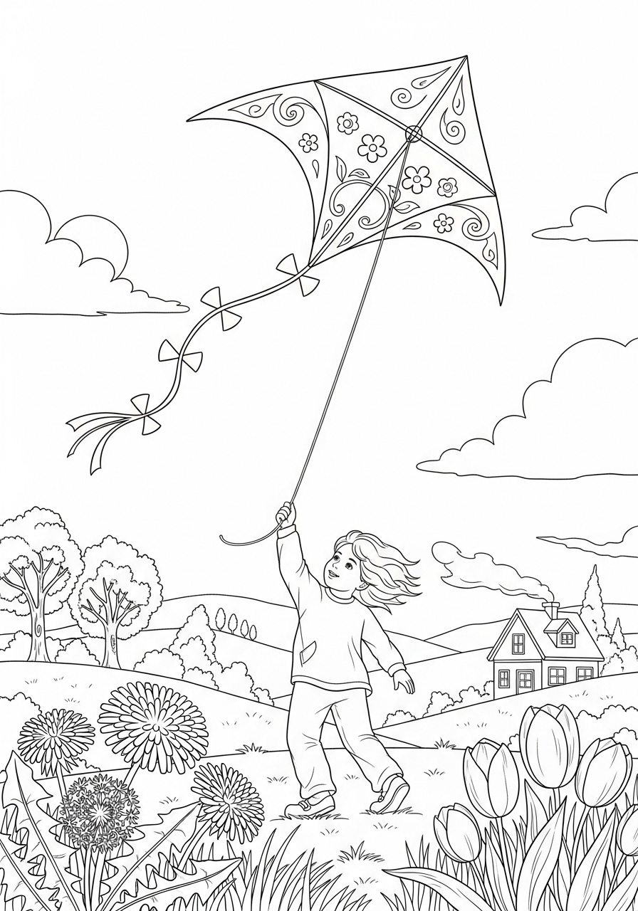 Desenho de Primavera com criança empinando pipa em campo