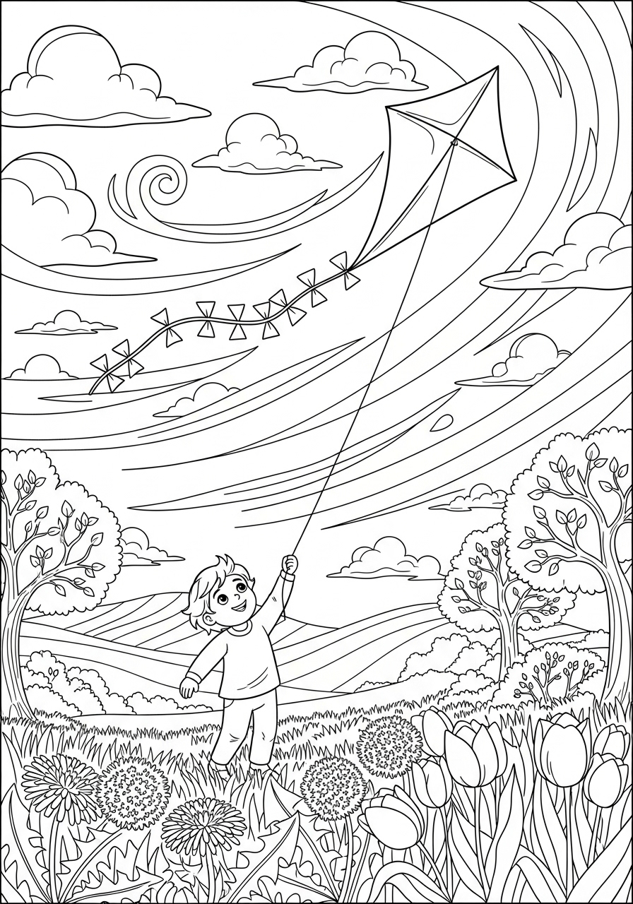 Desenho de Primavera com criança soltando pipa no campo