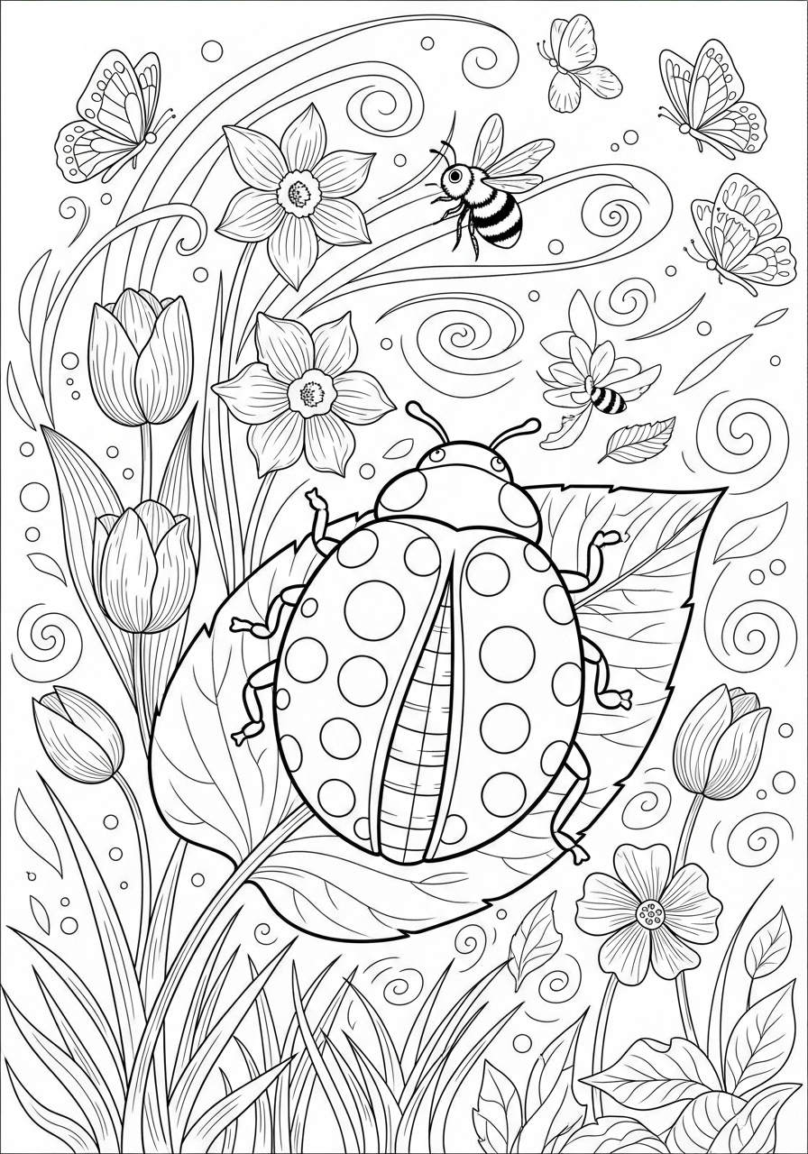 Desenho de Primavera com joaninha flores e insetos para colorir