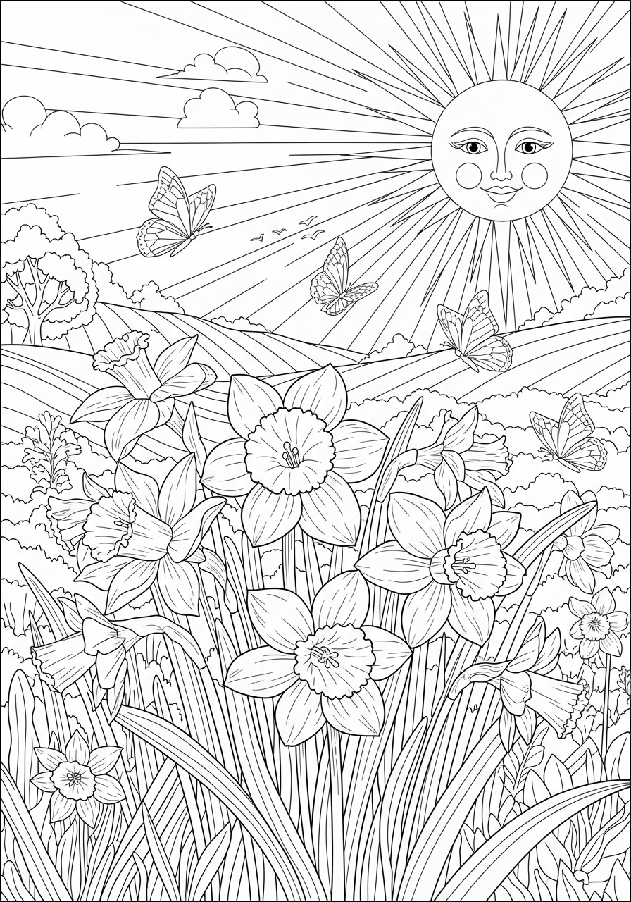 Desenho de Primavera com flores sol e borboletas para colorir