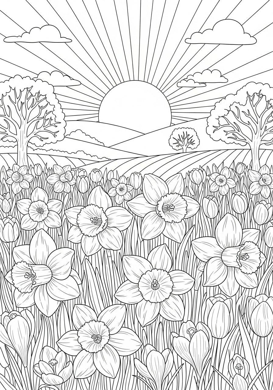 Desenho de Primavera com flores e sol para colorir