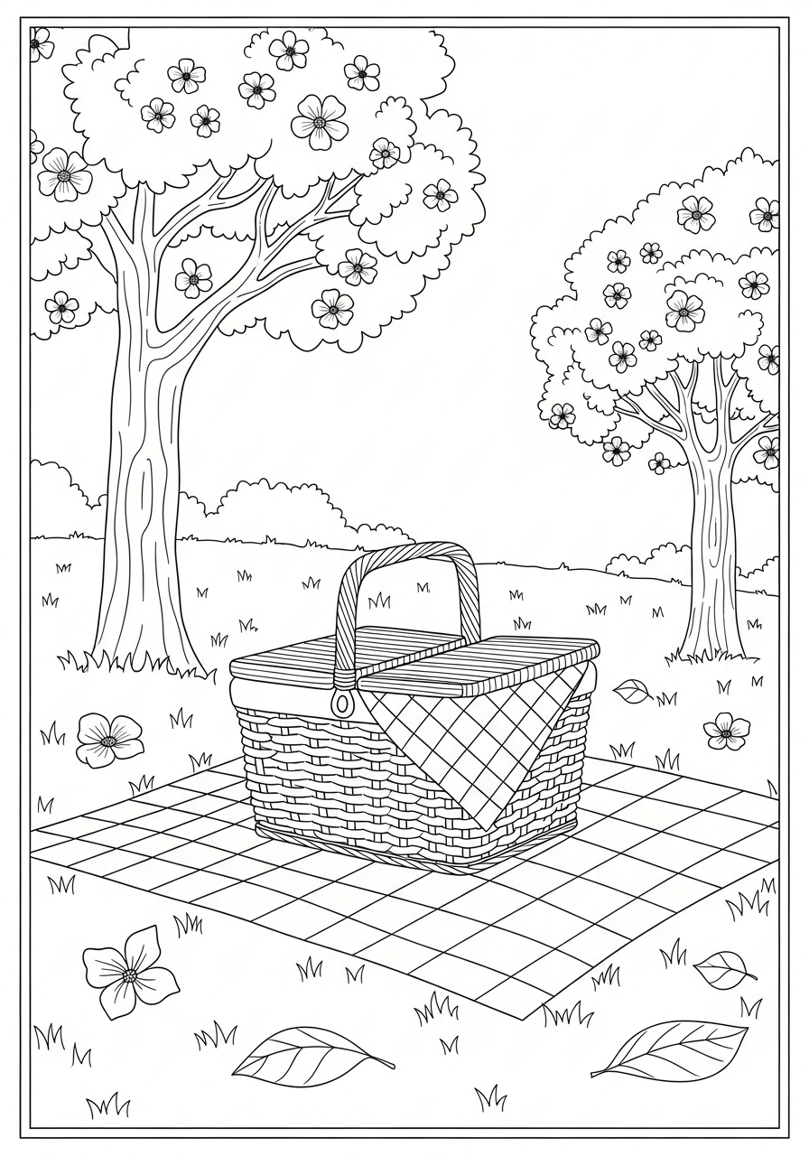 Desenho de Primavera com cesta em um piquenique para colorir