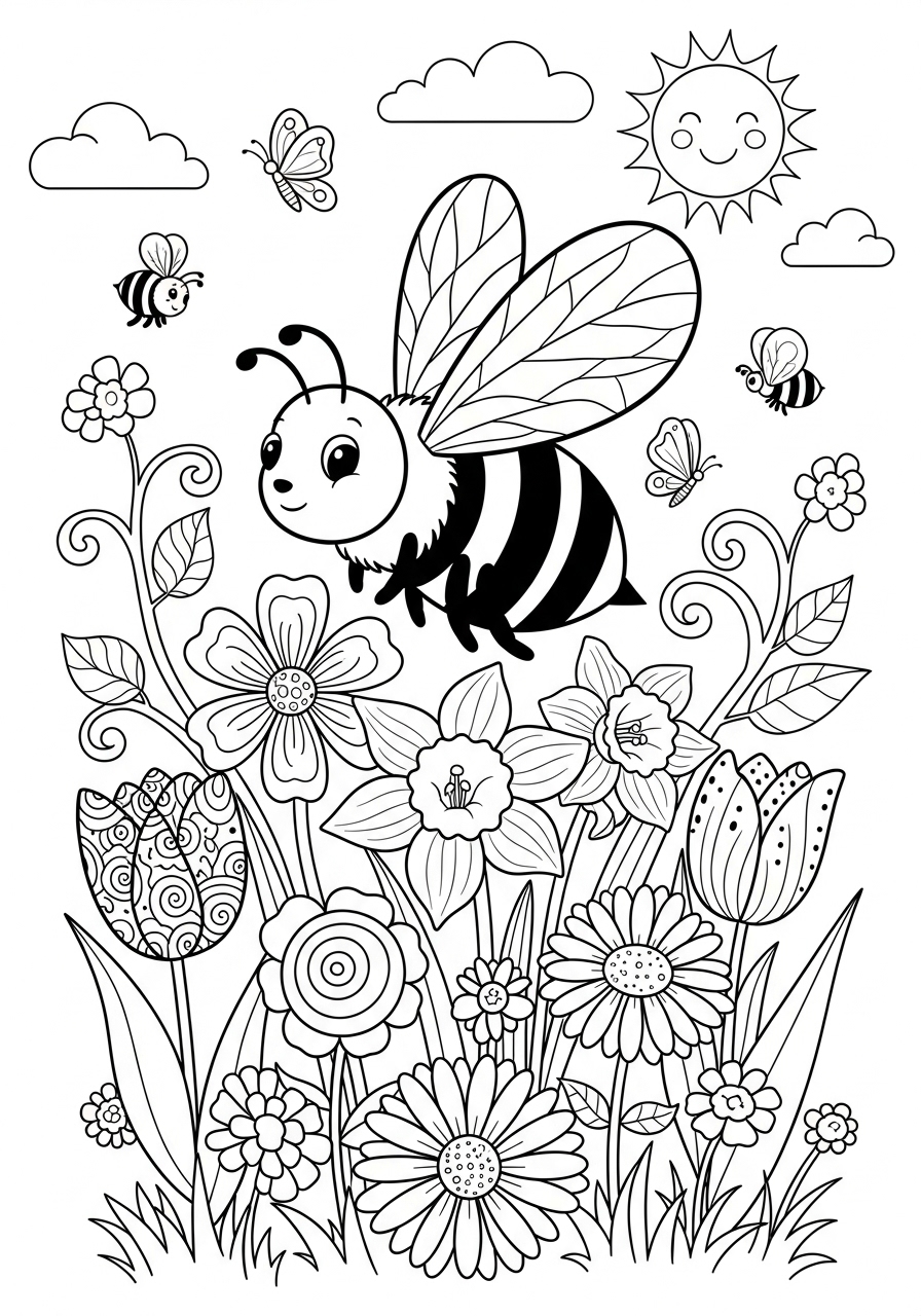 Desenho de Primavera com abelhas e flores para colorir