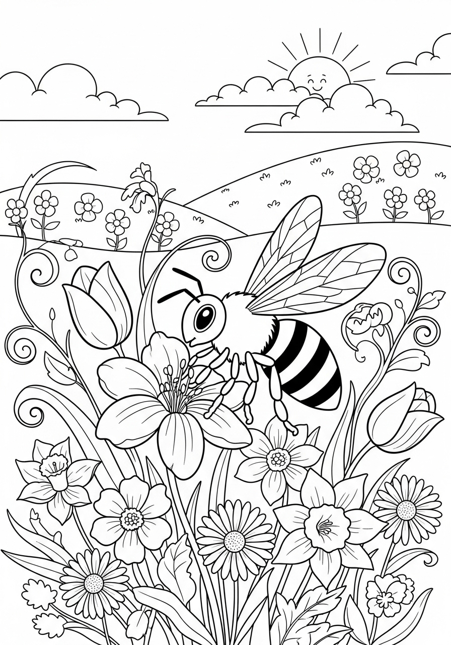 Desenho de Primavera com abelha e flores para colorir