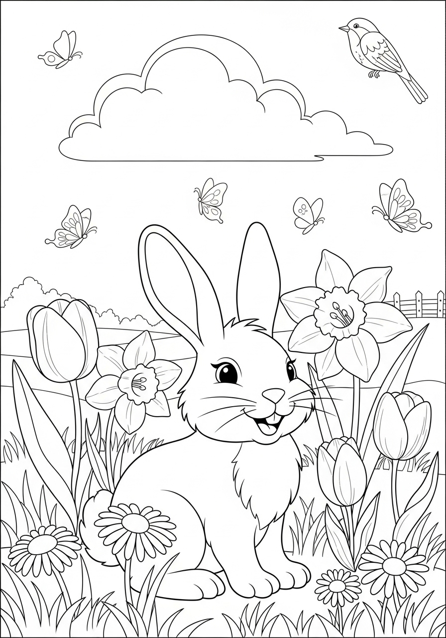 Desenho de Primavera com coelho flores e borboletas para colorir