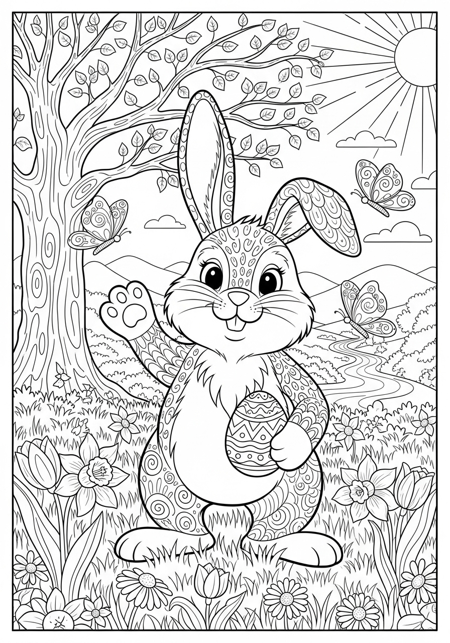 Desenho de Primavera com coelho segurando ovo para colorir
