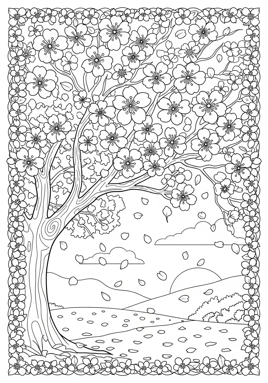 Desenho de Primavera com árvore florida e paisagem ao fundo