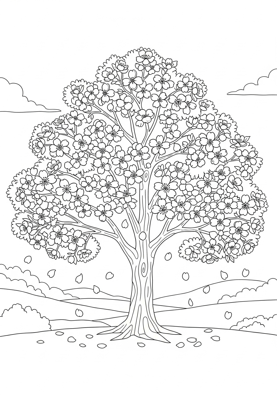 Desenho de Primavera com uma árvore cheia de flores para colorir