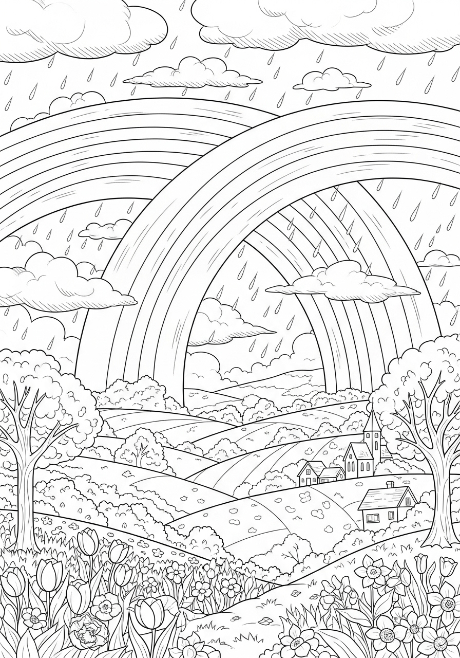Desenho de Primavera com arco-íris e paisagem para colorir