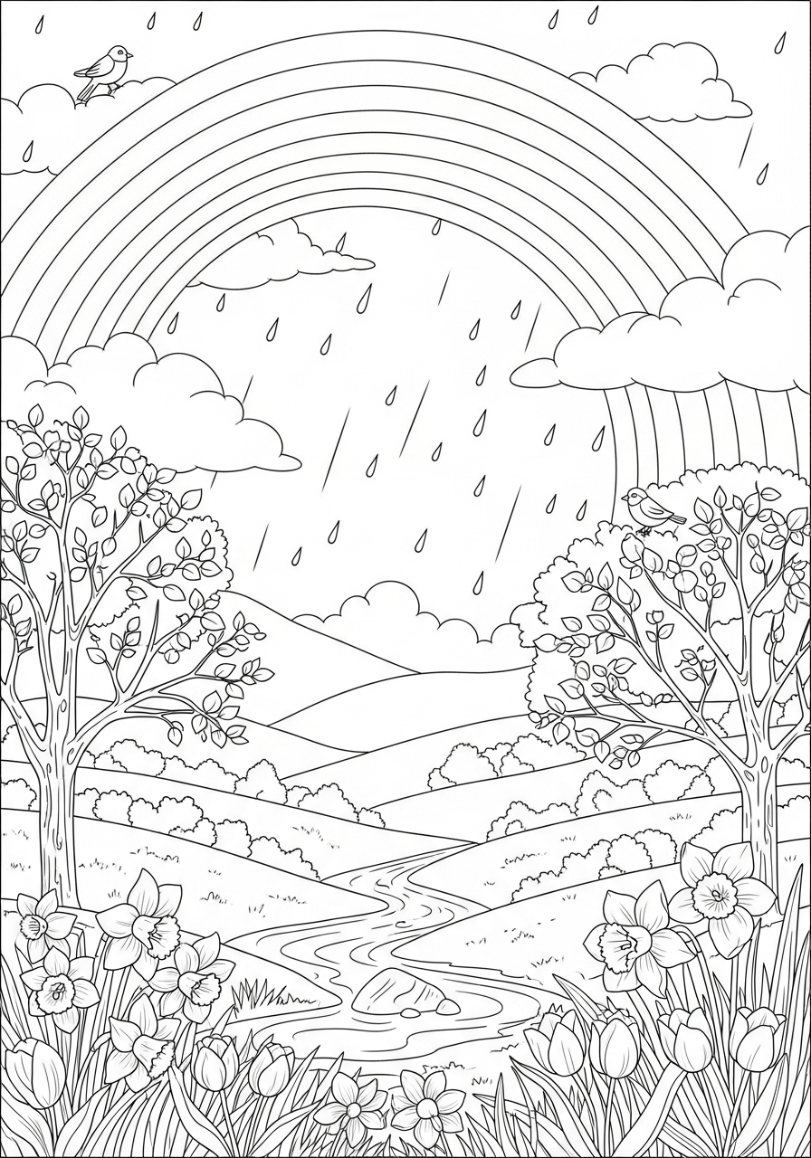 Desenho de Primavera com arco-íris e paisagem para colorir