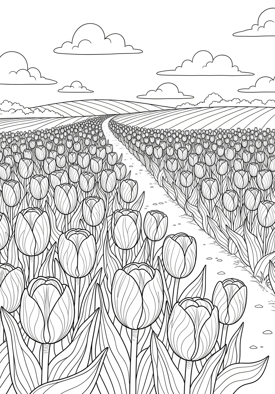 Desenho de Primavera com tulipas em um campo para colorir