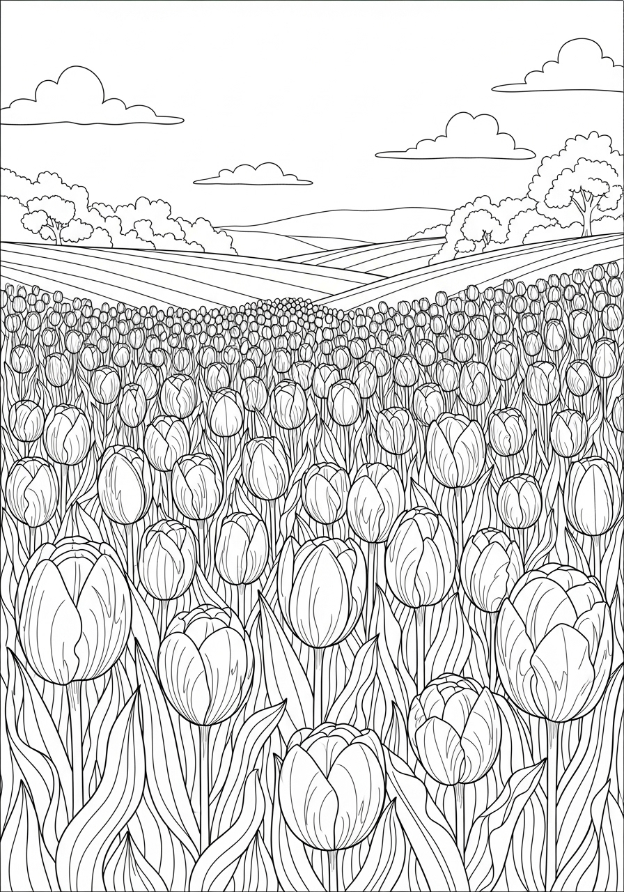 Desenho de Primavera com campo cheio de flores para colorir