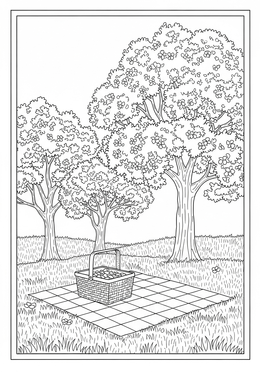 Desenho de Primavera com cesta no piquenique sob árvores