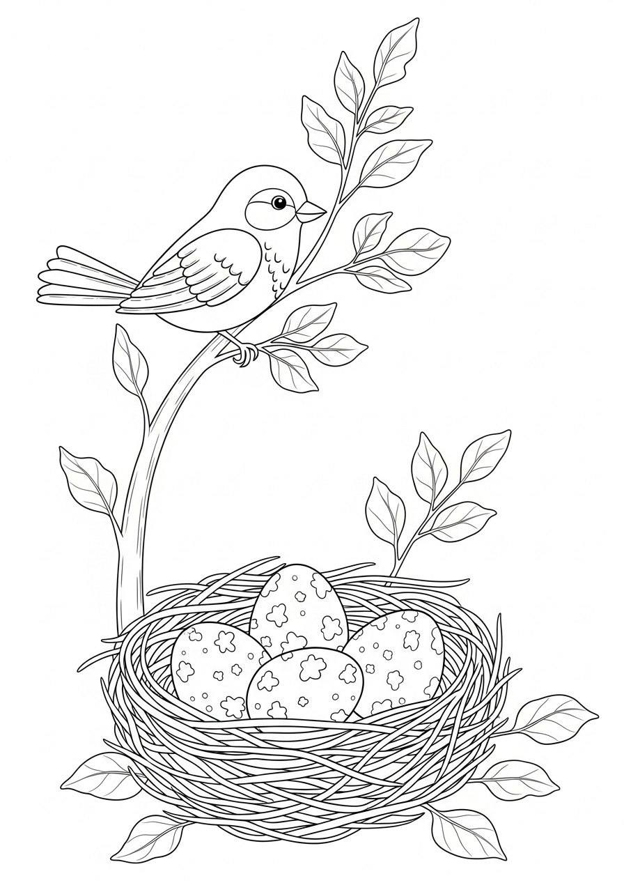 Desenho de Primavera com passarinho e ninho para colorir