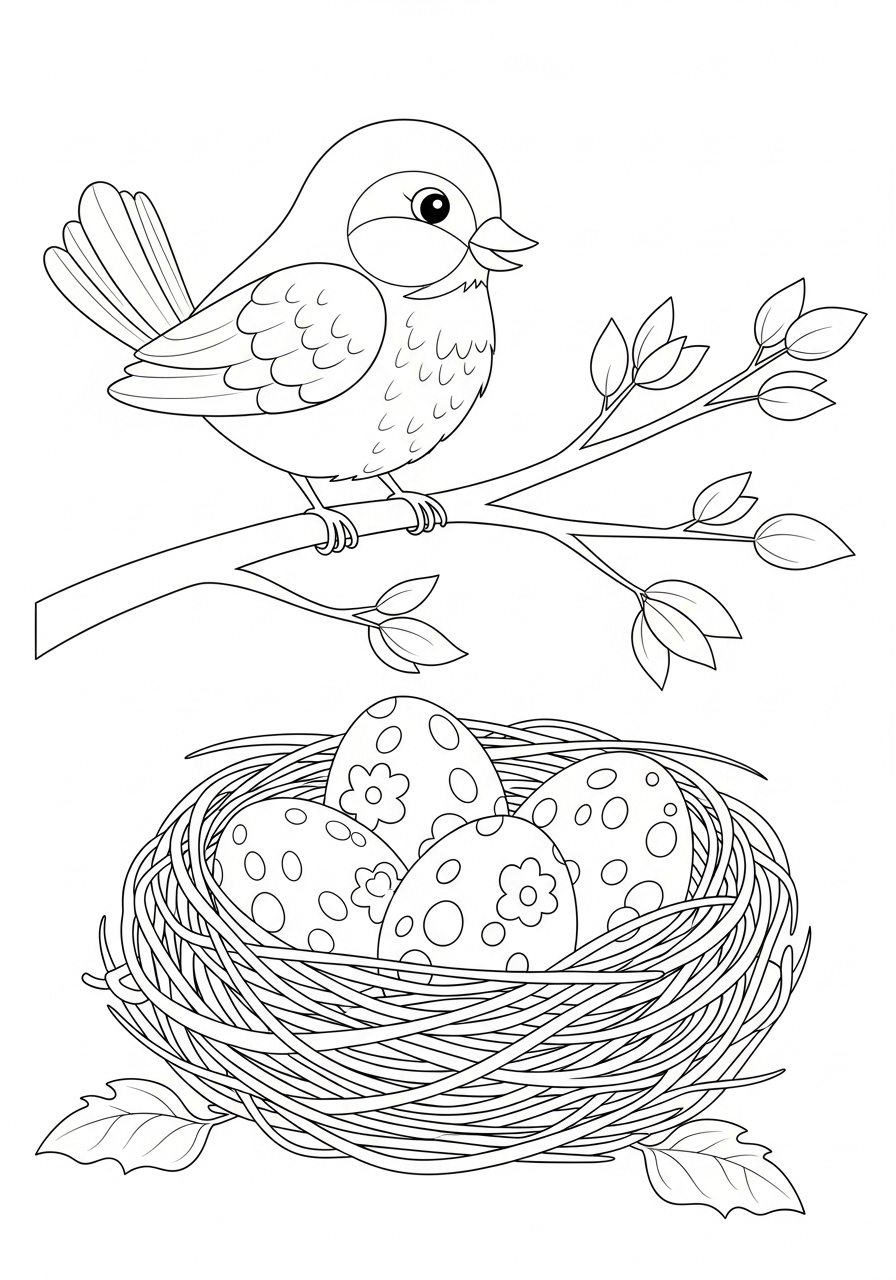 Desenho de Primavera de passarinho e ninho com ovos