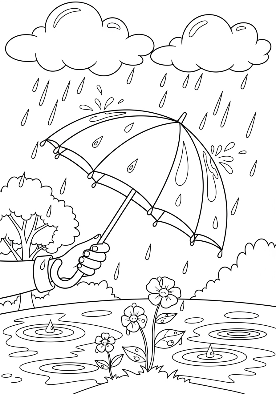 Desenho de Primavera com guarda-chuva e flores para colorir