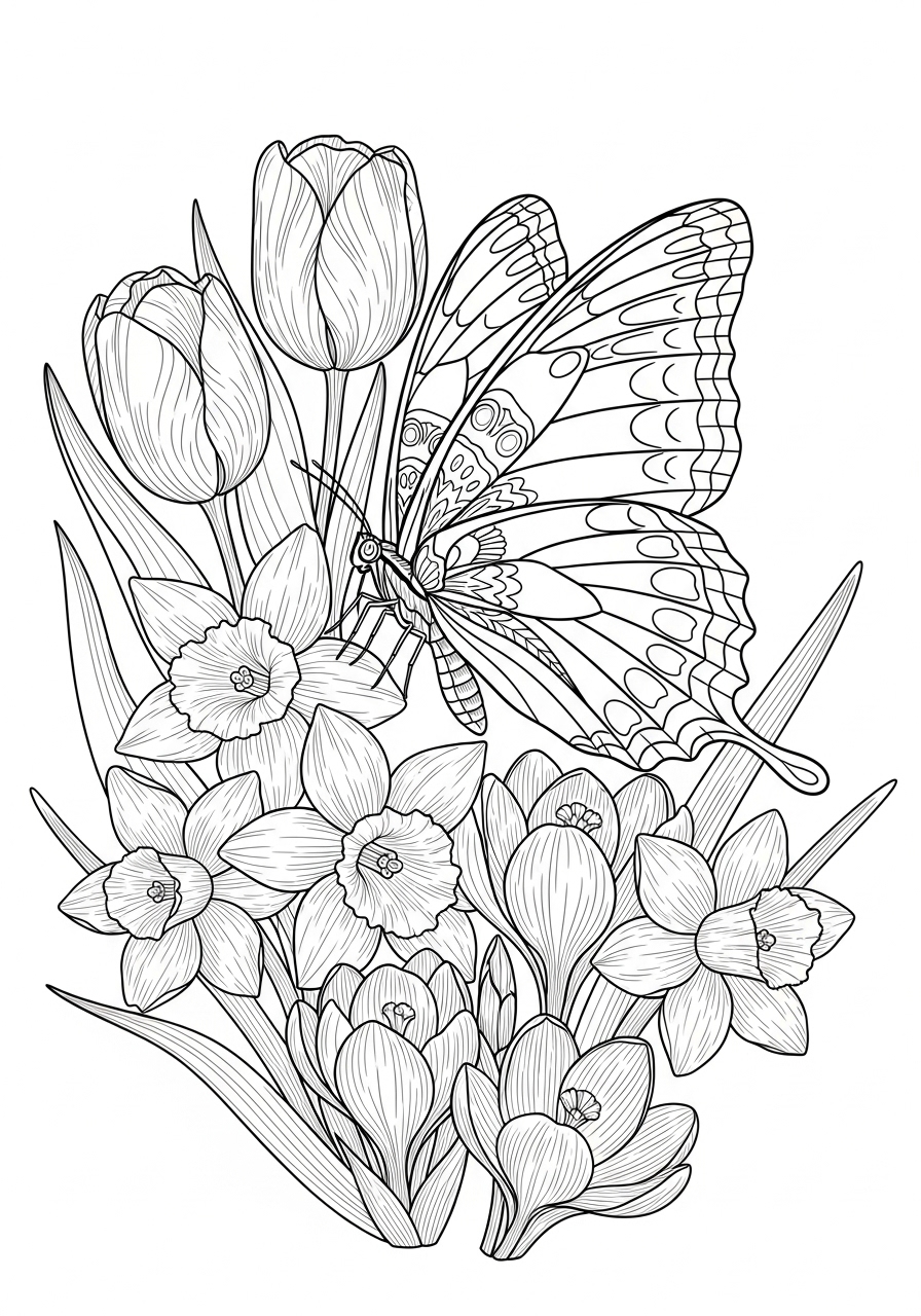 Desenho de Primavera com flores e borboleta para colorir