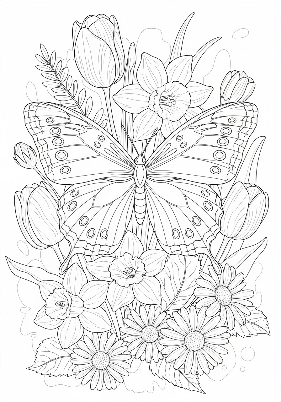 Desenho de Primavera com borboleta e flores para colorir