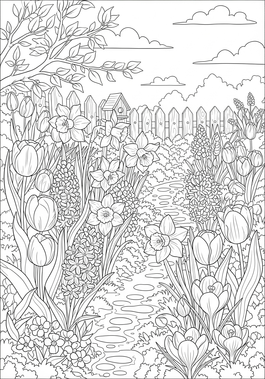 Desenho de Primavera com flores em um jardim para colorir