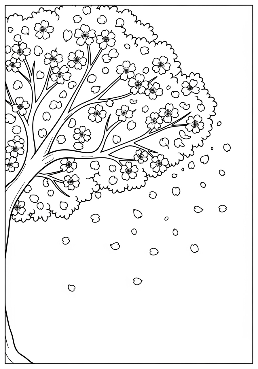 Desenho de uma árvore florida com pétalas caindo para colorir