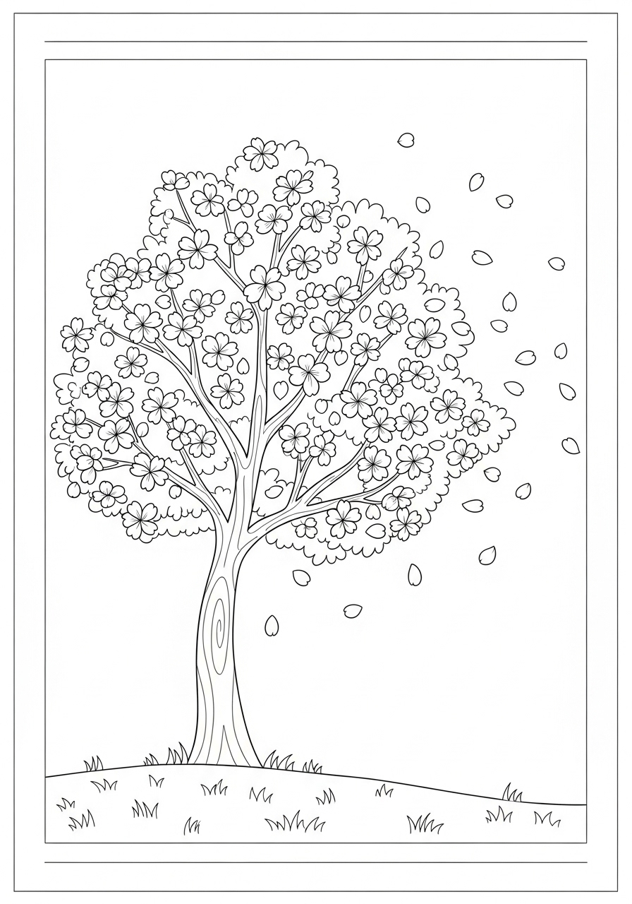 Desenho de Primavera com árvore florida e folhas caindo