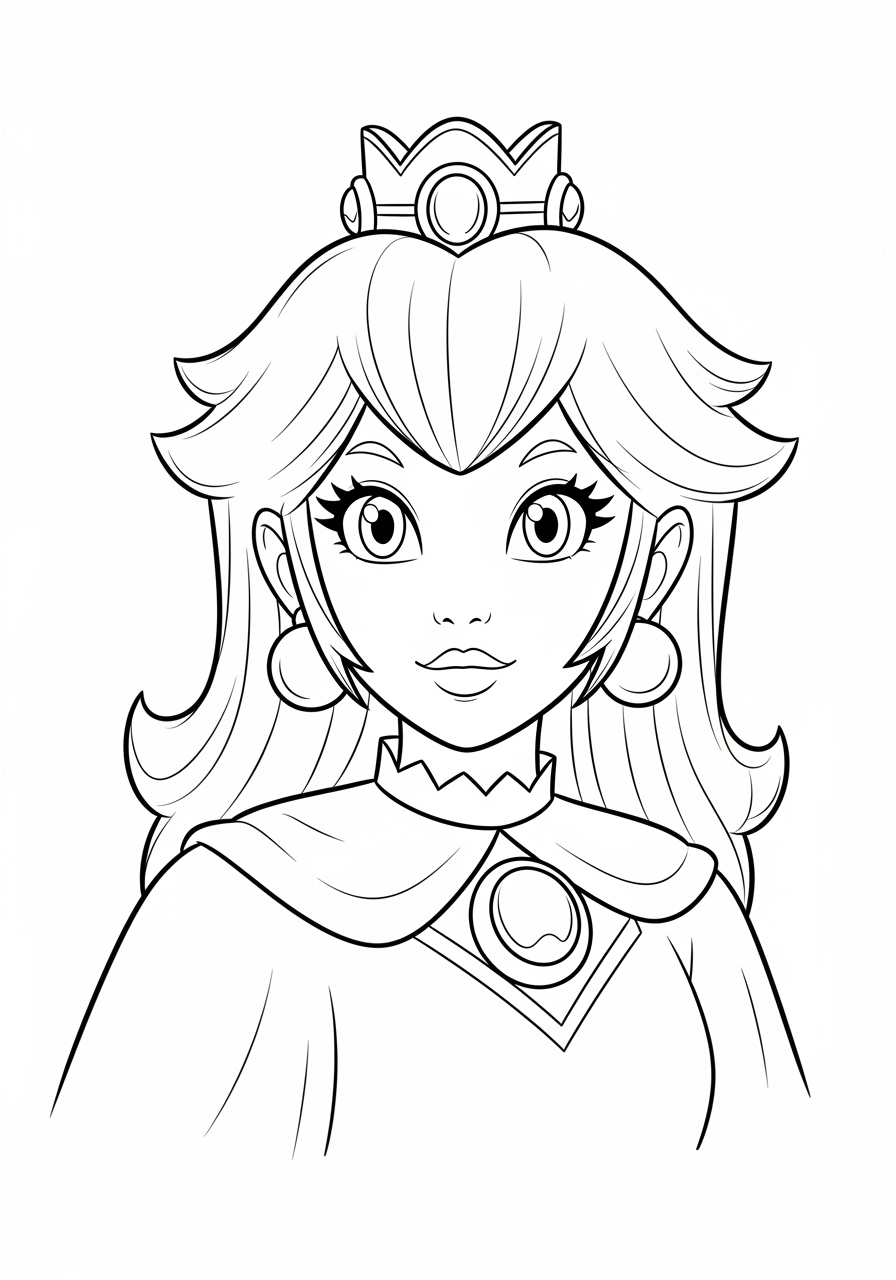 Desenho da Princesa Peach com cabelo longo e coroa para colorir