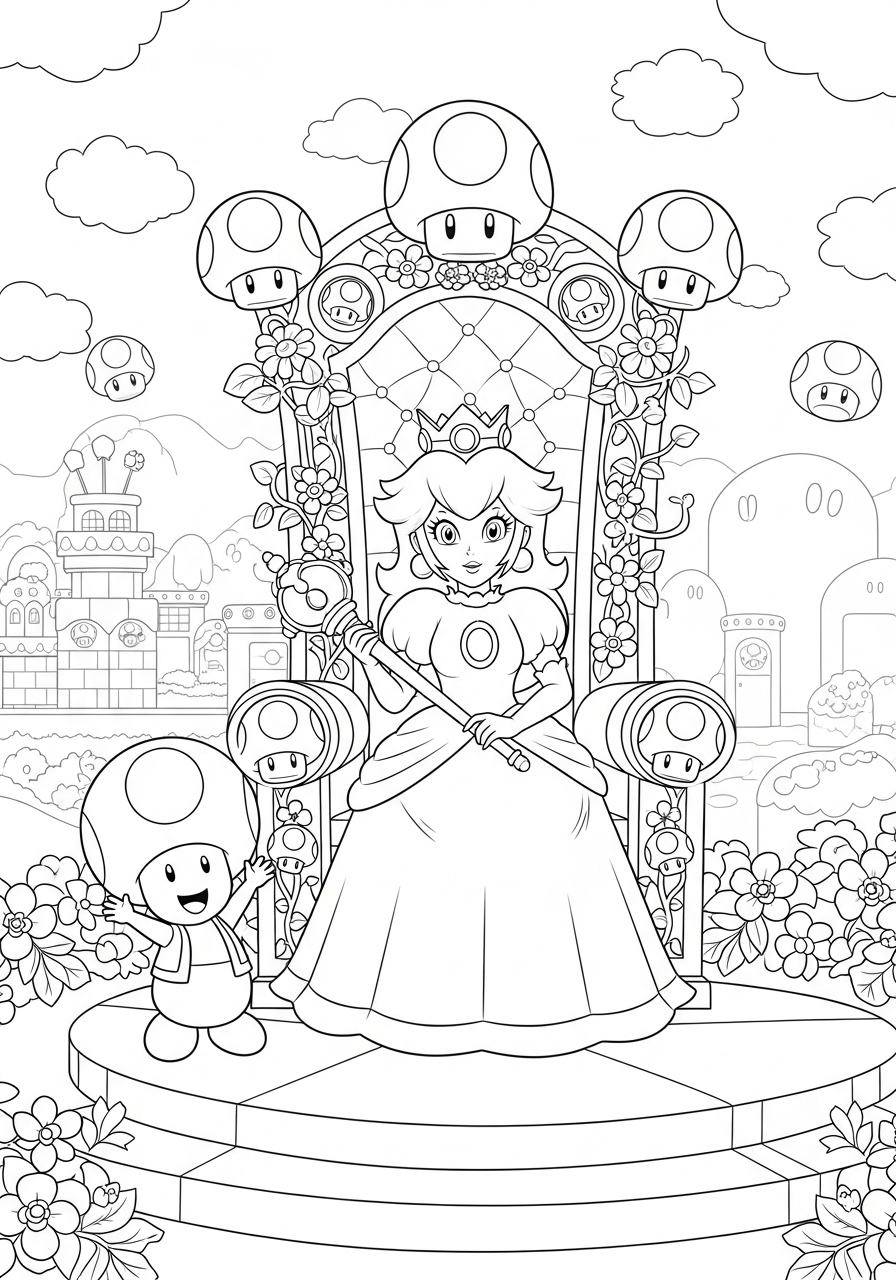 Desenho da Princesa Peach sentada em seu trono para colorir
