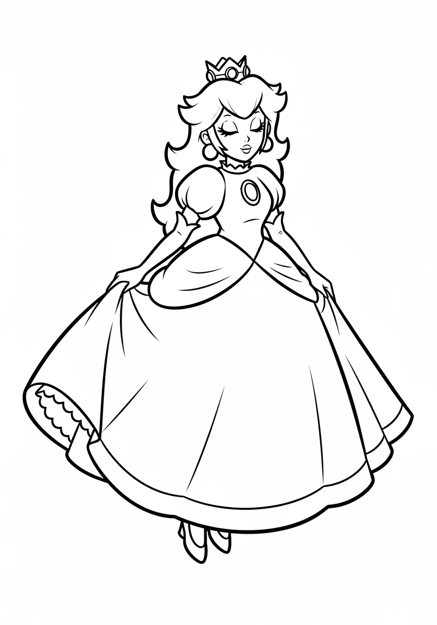 Desenho da Princesa Peach com vestido longo para colorir