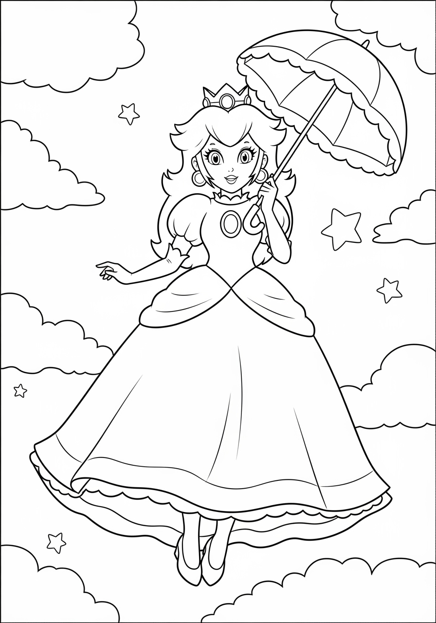 Desenho da Princesa Peach segurando um guarda-chuva para colorir