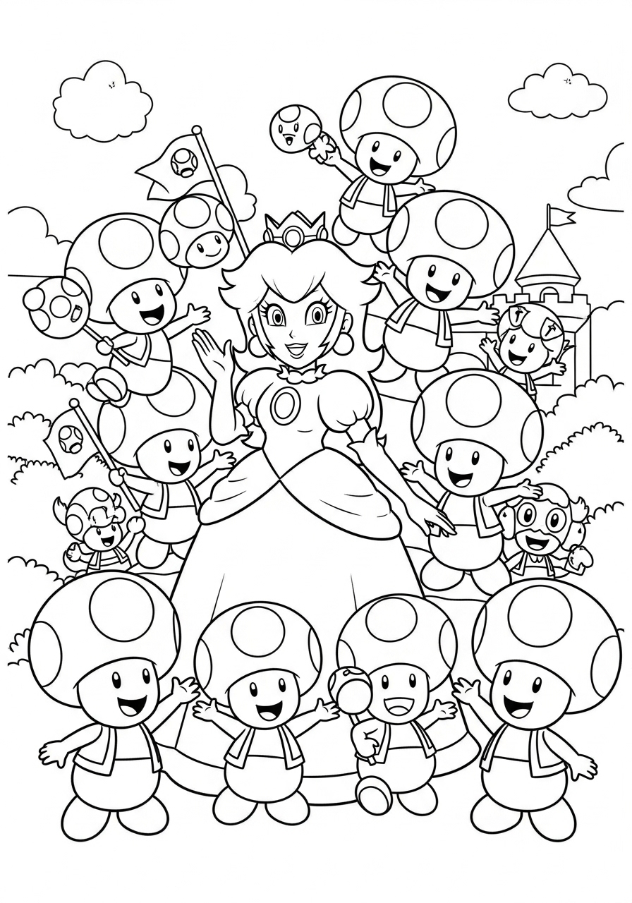 Desenho da Princesa Peach rodeada de Cogumelos para colorir
