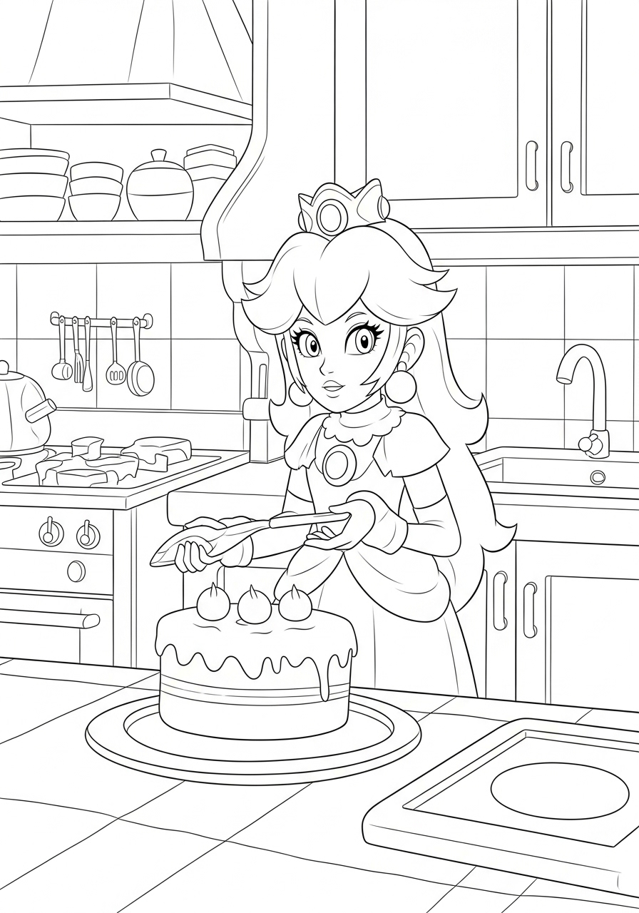 Desenho da Princesa Peach na cozinha com um bolo para colorir