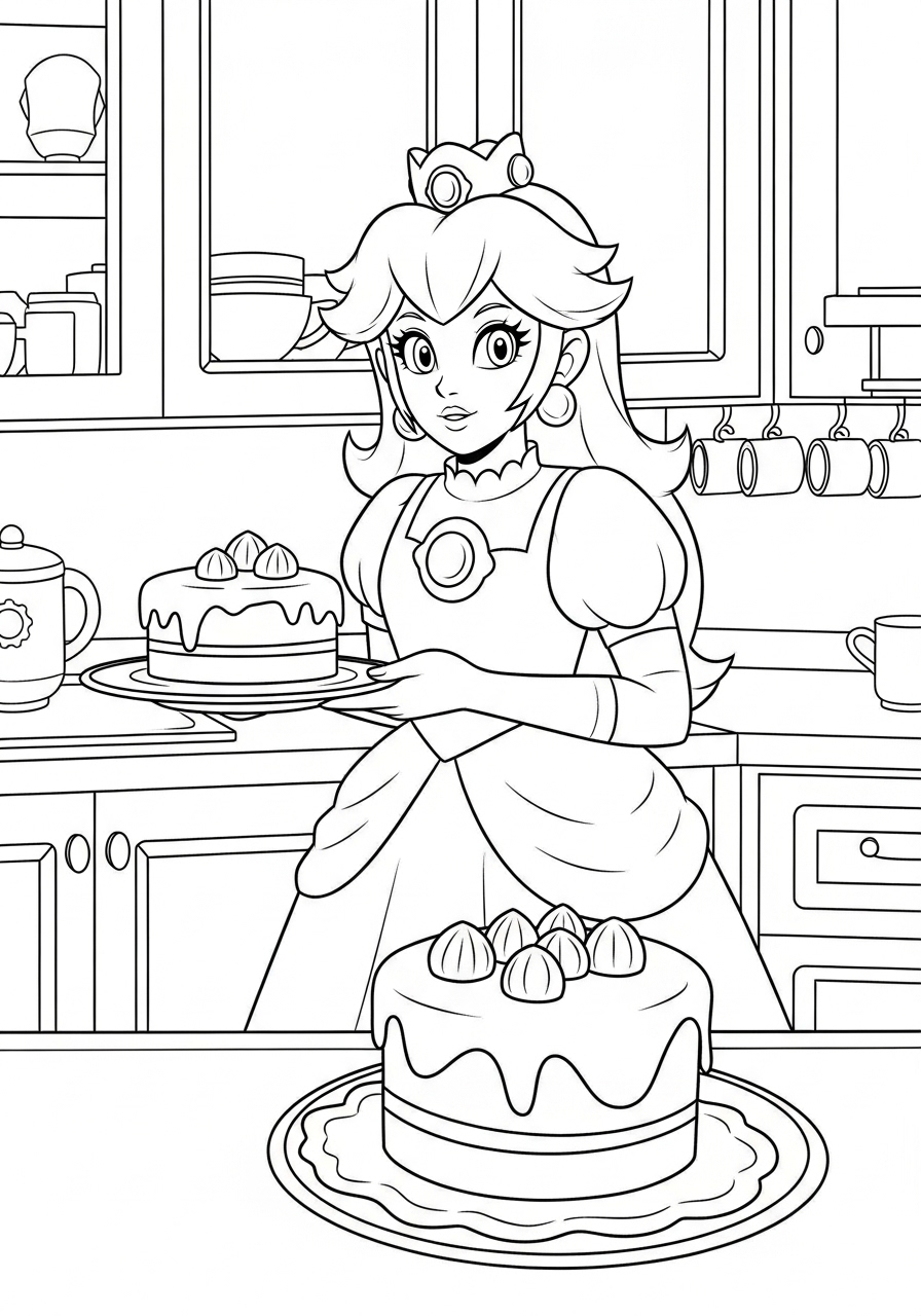 Desenho da Princesa Peach na cozinha com bolos para colorir