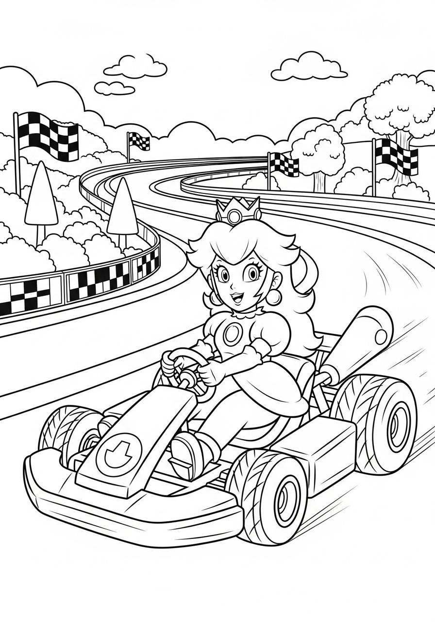 Desenho da Princesa Peach correndo de kart para colorir