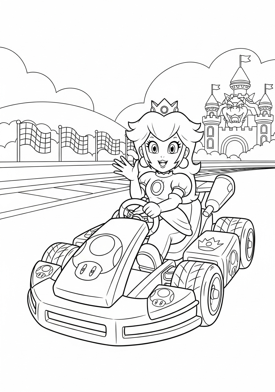 Desenho da Princesa Peach dirigindo um carrinho de corrida