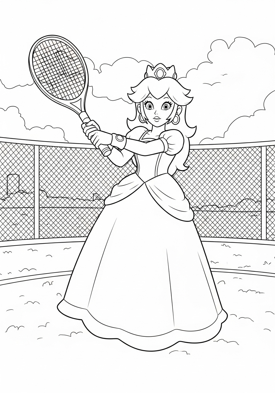 Desenho da Princesa Peach jogando tênis para colorir