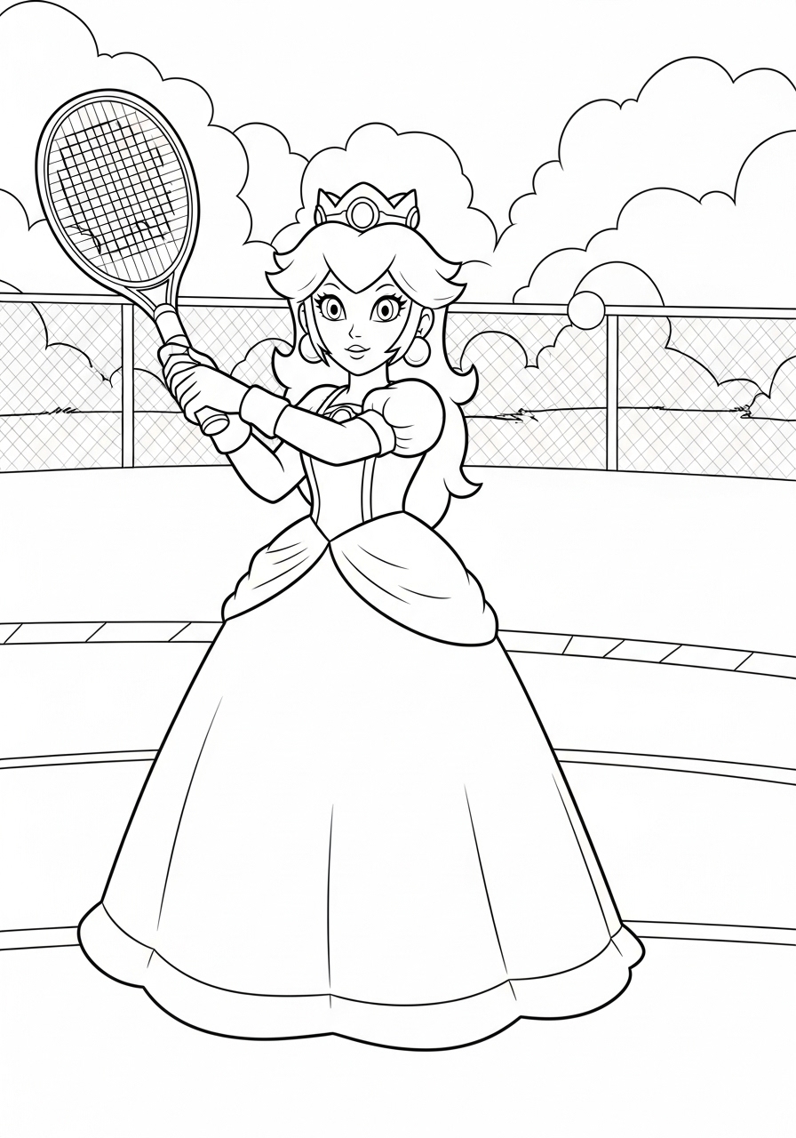 Desenho da Princesa Peach segurando uma raquete para colorir