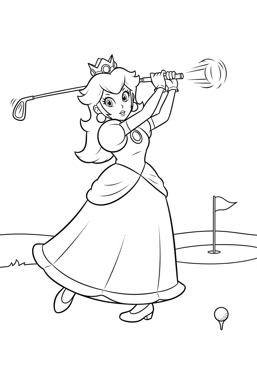 Desenho da Princesa Peach jogando golfe para colorir