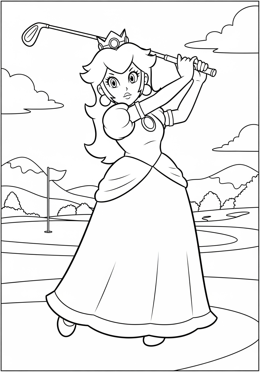 Desenho da Princesa Peach jogando golfe para colorir