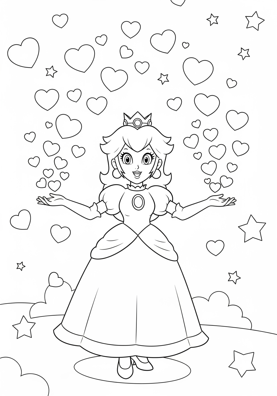 Desenho da Princesa Peach cercada por corações para colorir