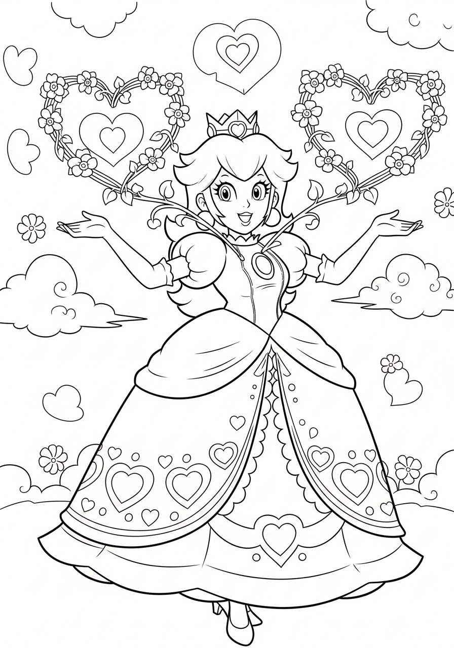 Desenho da Princesa Peach rodeada de corações para colorir
