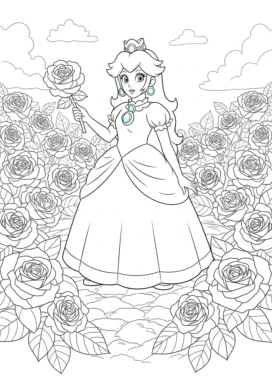 Desenho da Princesa Peach rodeada de rosas para colorir