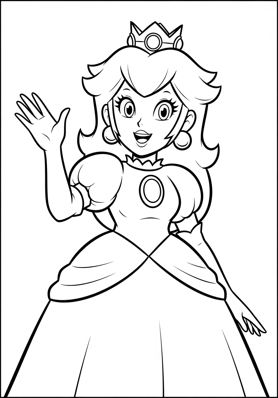 Desenho da Princesa Peach acenando em seu vestido para colorir