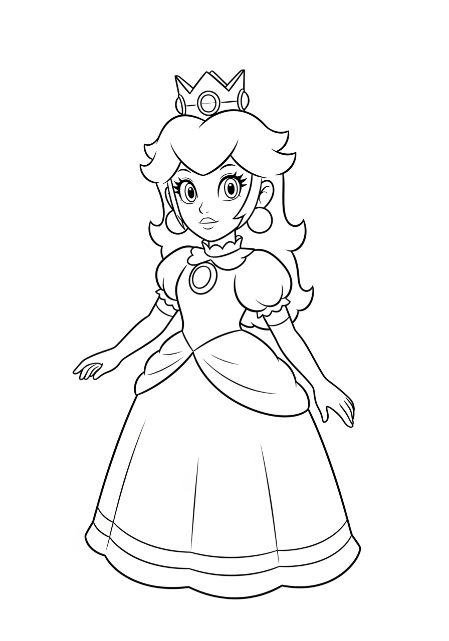 Desenho da Princesa Peach em vestido longo para colorir