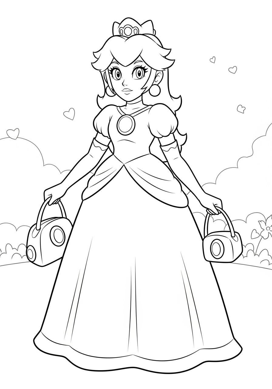Desenho da Princesa Peach segurando bolsas para colorir