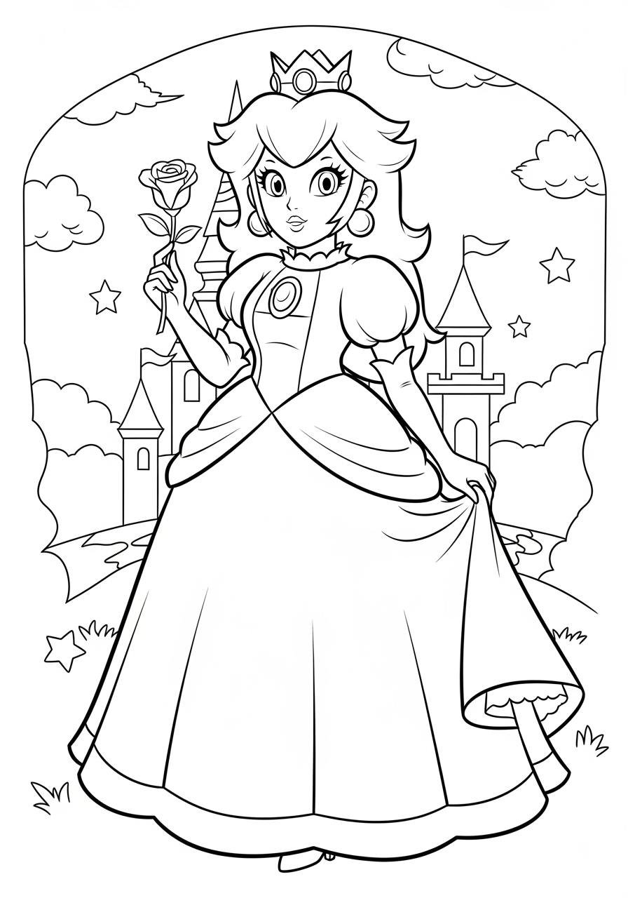 Desenho da Princesa Peach segurando uma rosa pronta para colorir