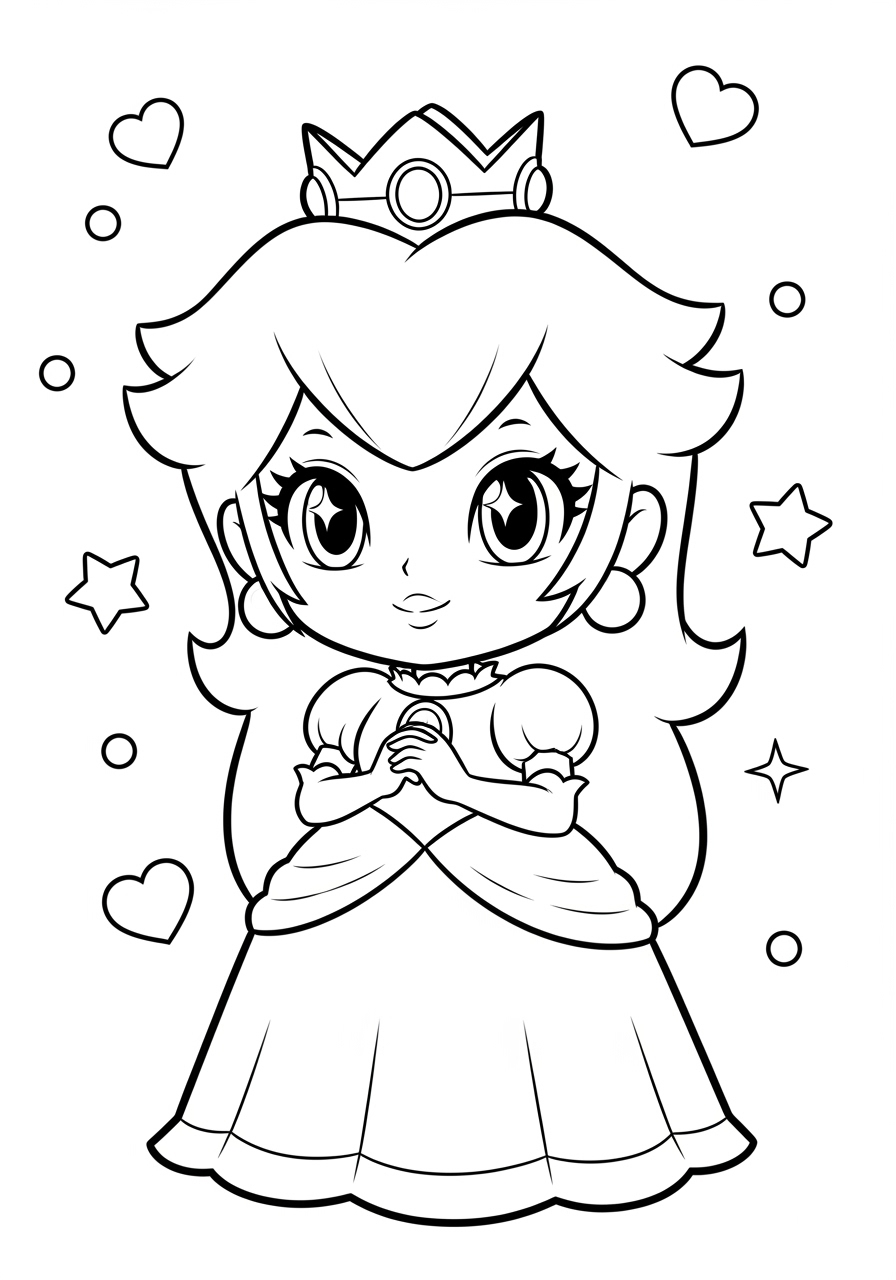 Desenho da Princesa Peach em vestido com coroa para colorir